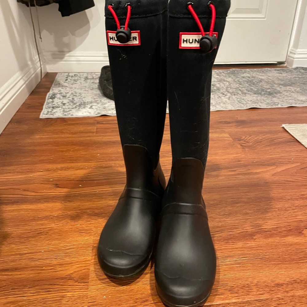 Black Hunter rubber and fabric tall boots, sz 7 gently used